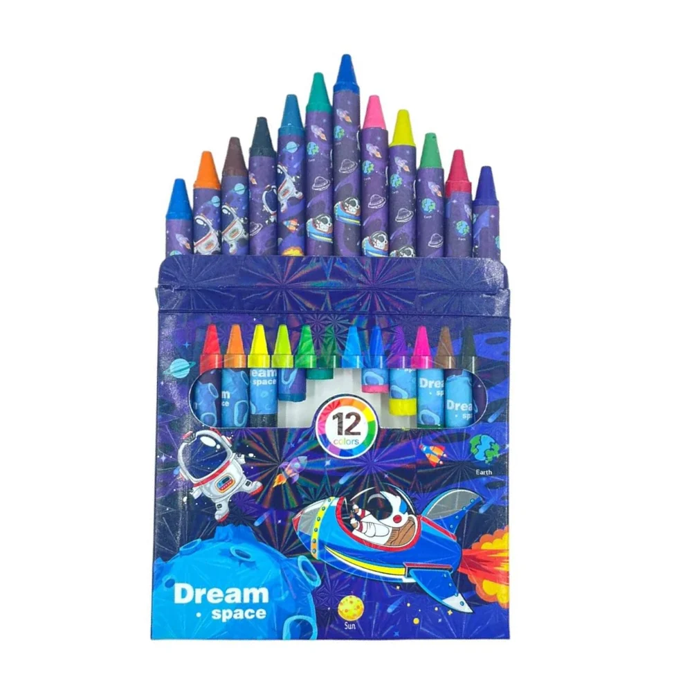 Caja con 12 crayolas crayones delgados con diseño de astronauta, variedad de colores / dream space / 208026