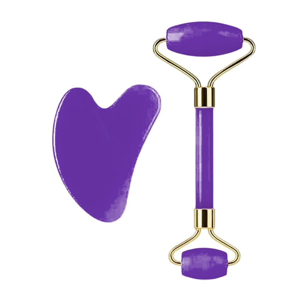 Paquete con rodillo masajeador facial doble + piedra gua sha, variedad de colores y diseños / 18382 / ys-09 / facial roller & massager