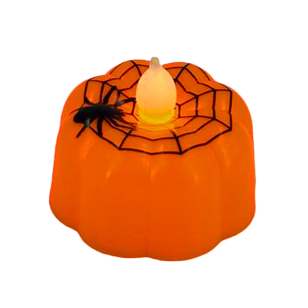 Mini lámpara decorativa con temática de halloween en forma de vela calabaza con estampado de telaraña / 67-lz05
