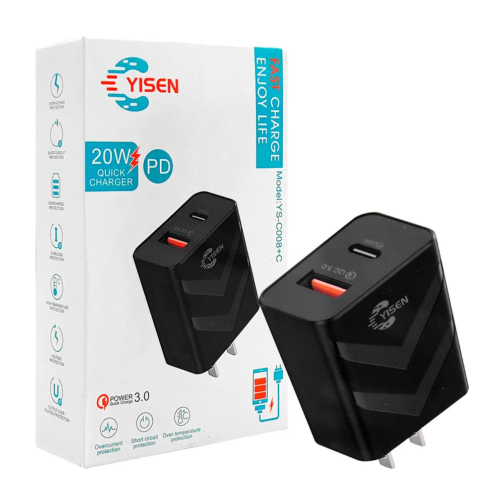 Cubo de carga rápida yisen con puerto usb y tipo c, 20w / fast charge enjoy life / ys-c008+c