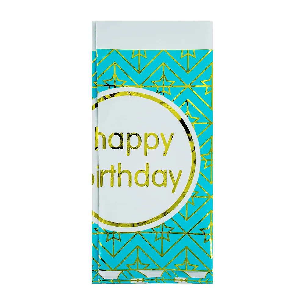 1pza Mantel metálico rectangular 137x183cm con frase happy birthday + estampado rombos y estrellas / plastic tablecover