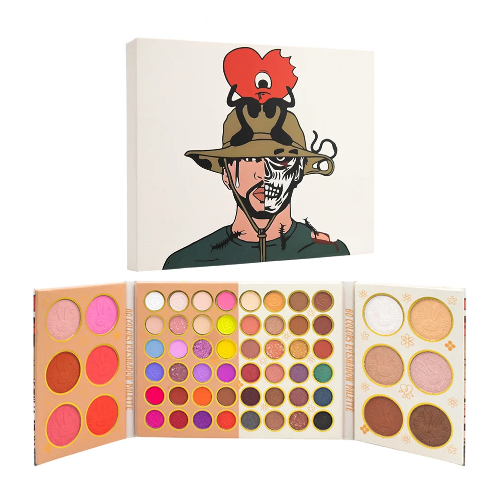 Paleta de sombras plegable con 48 sombras para ojos en tonos matte o con glitter, 6 rubores, 4 iluminadores, 2 contornos en polvo, estampado de conejo, variedad de colores / yy-3098 / paleta bad bunny
