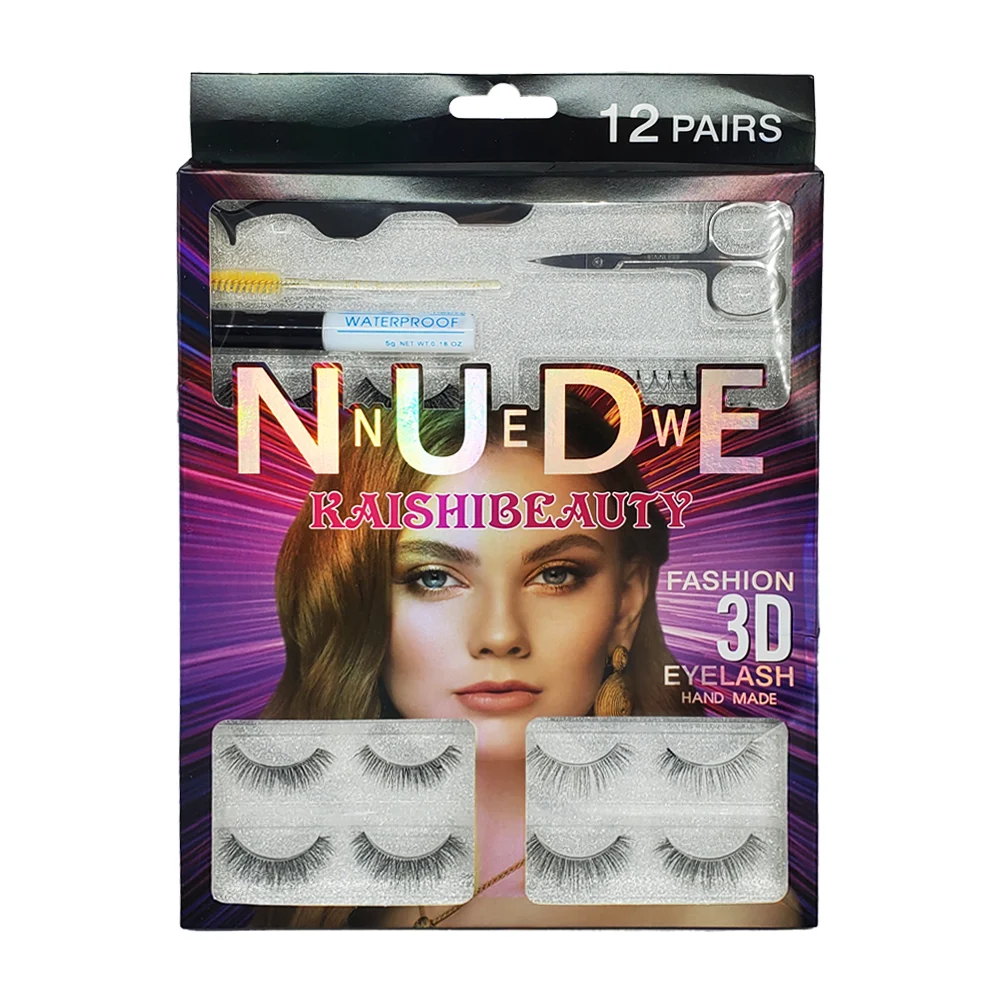Paquete con 12 pares de pestañas postizas + cepillo, adhesivo y tijeras / nude new