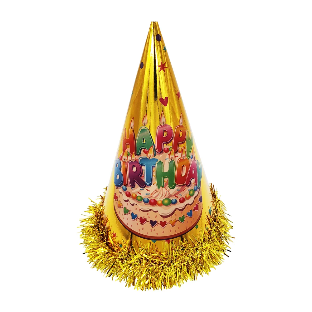 1pza Gorro metálico tipo cono con leyenda happy birthday y diseño de pastel + escarcha, variedad de colores / e35