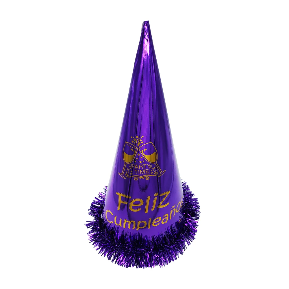 1pza Gorro metálico tipo cono con leyenda feliz cumpleaños y escarcha, variedad de colores / e37
