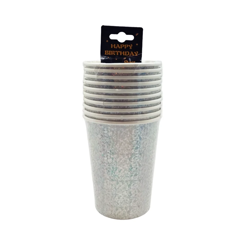 Paquete 10 vasos de papel con diseño holográfico y capacidad 250ml, variedad de colores / happy birthday