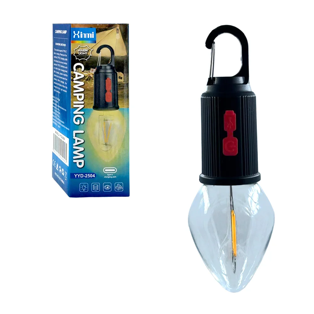 Lámpara foco xinmi recargable con puerto tipo c, luz cálida y gancho para colgar / camping lamp / yyd-2504
