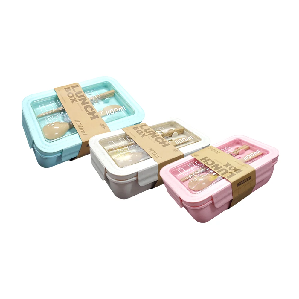 Tupper rectangular de plástico con 2 compartimientos, cubiertos y capacidad de 1100ml, variedad de colores / lunch box / yz-290015 / fh-001