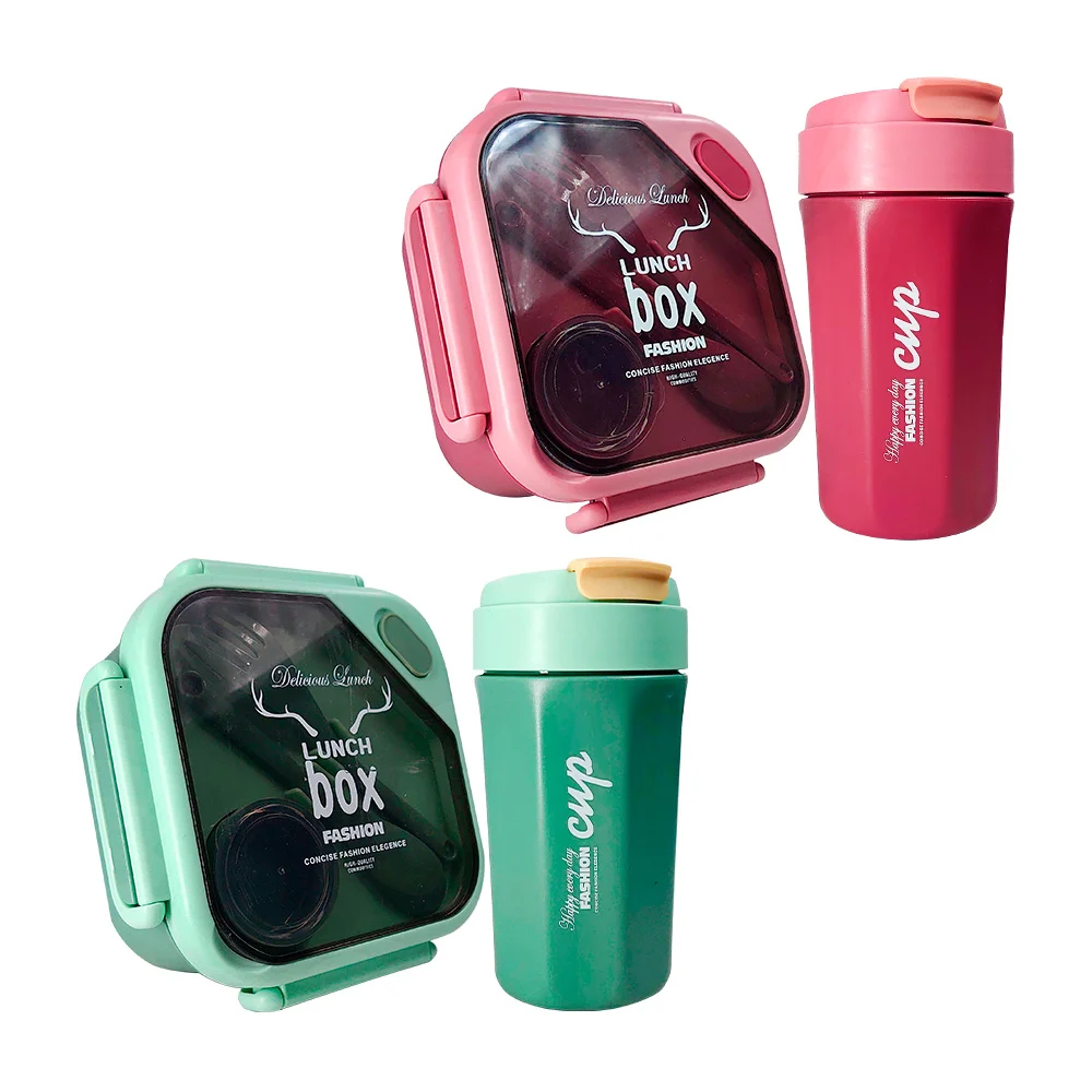 Juego de tupper cuadrado con cubiertos, mini recipiente y botella chica, variedad de colores / lunch box fashion / yz-290022