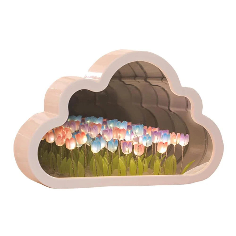 Lámpara 2 en 1 con espejo en forma de nube + accesorios, tulipanes y mini luz led, variedad de colores / zo1017