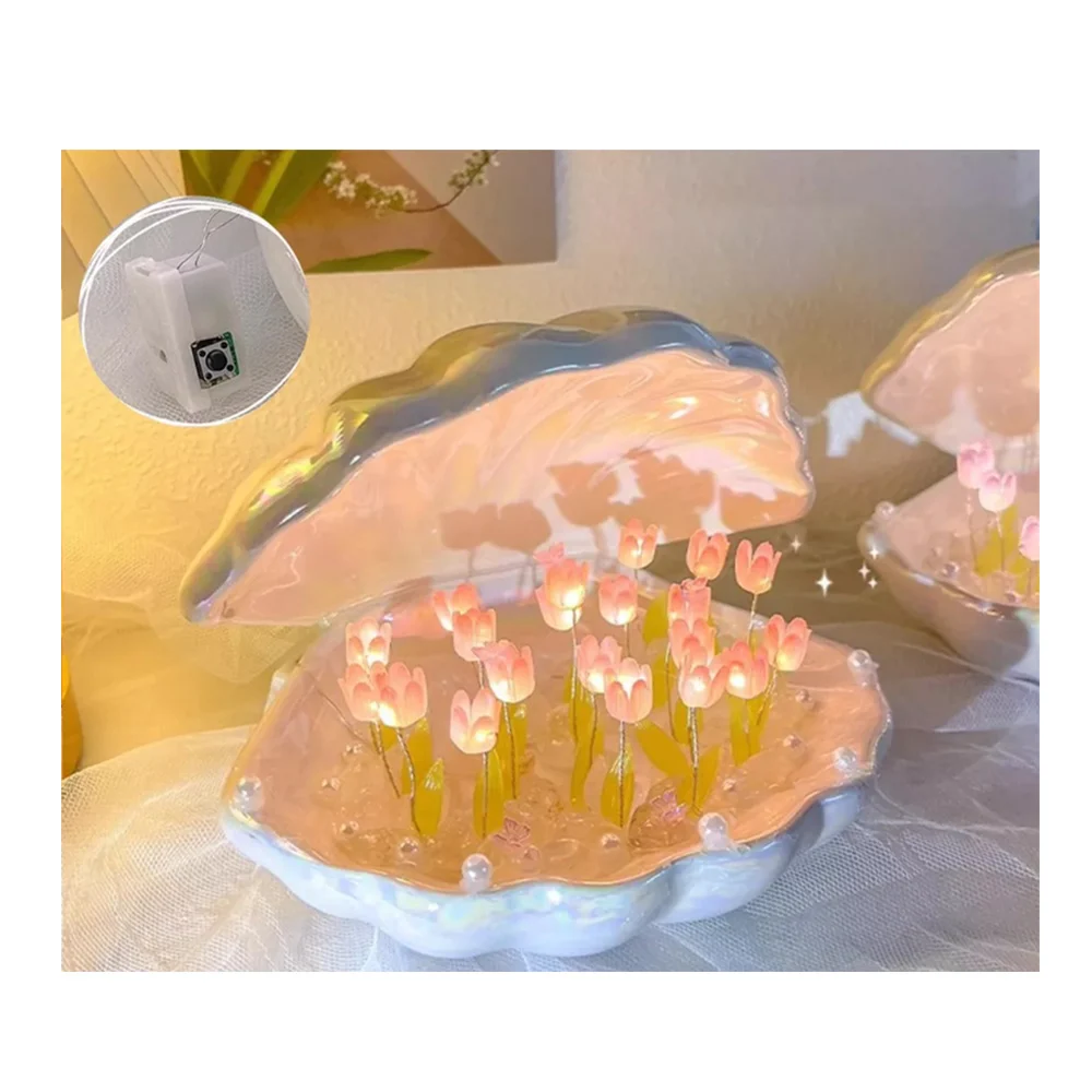 Lámpara decorativa, en forma de concha, con flores, accesorios y luz led, variedad de colores / zo1018