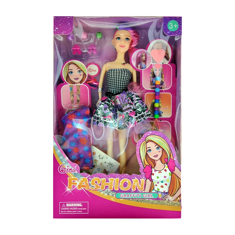 Muñeca gina fashion con accesorios de cabello y calcomanías estilo tatuajes / graffiti girl / z019-6
