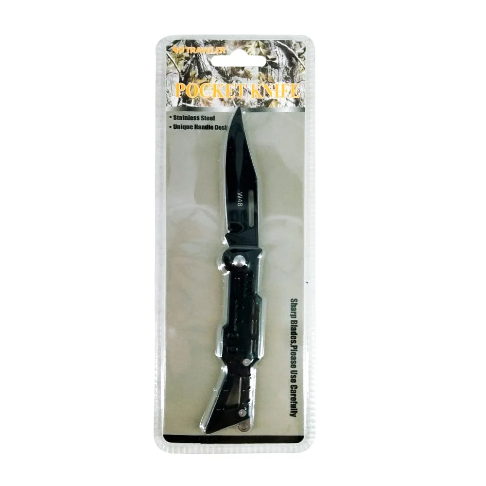 Navaja táctica de cuchilla recta traveler en color negro / w48 pocket knife