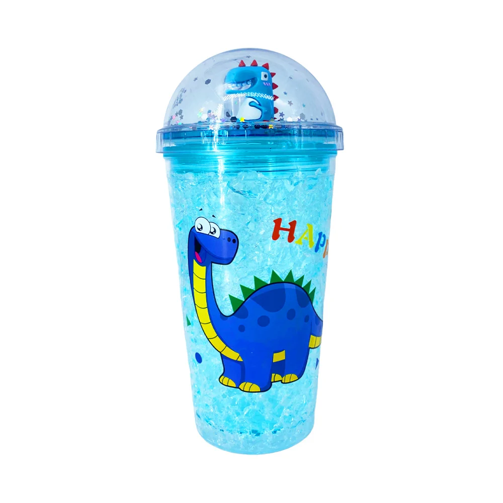 Vaso de acrílico con efecto hielo, tapa domo con estampado y figura en forma de dinosaurio / zj-126