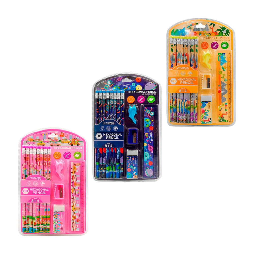 Kit escolar de papelería con 8 lápices hexagonales, regla de 15cm, 2 borradores y sacapuntas, variedad de colores / hexagonal pencil / zl-761