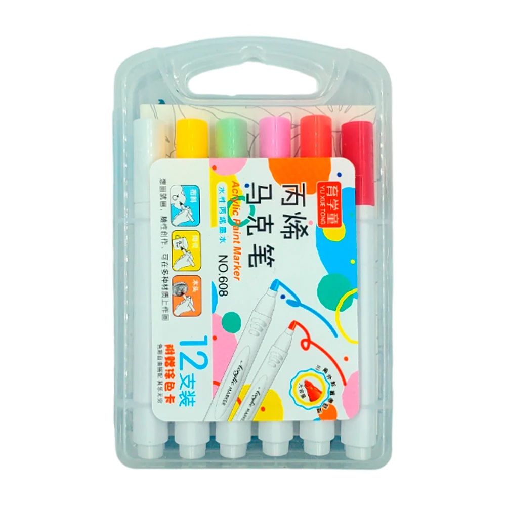 Estuche transparente con 12 marcadores plumones de colores acrílicos + dibujo para pintar / acrylic marker / 608-12