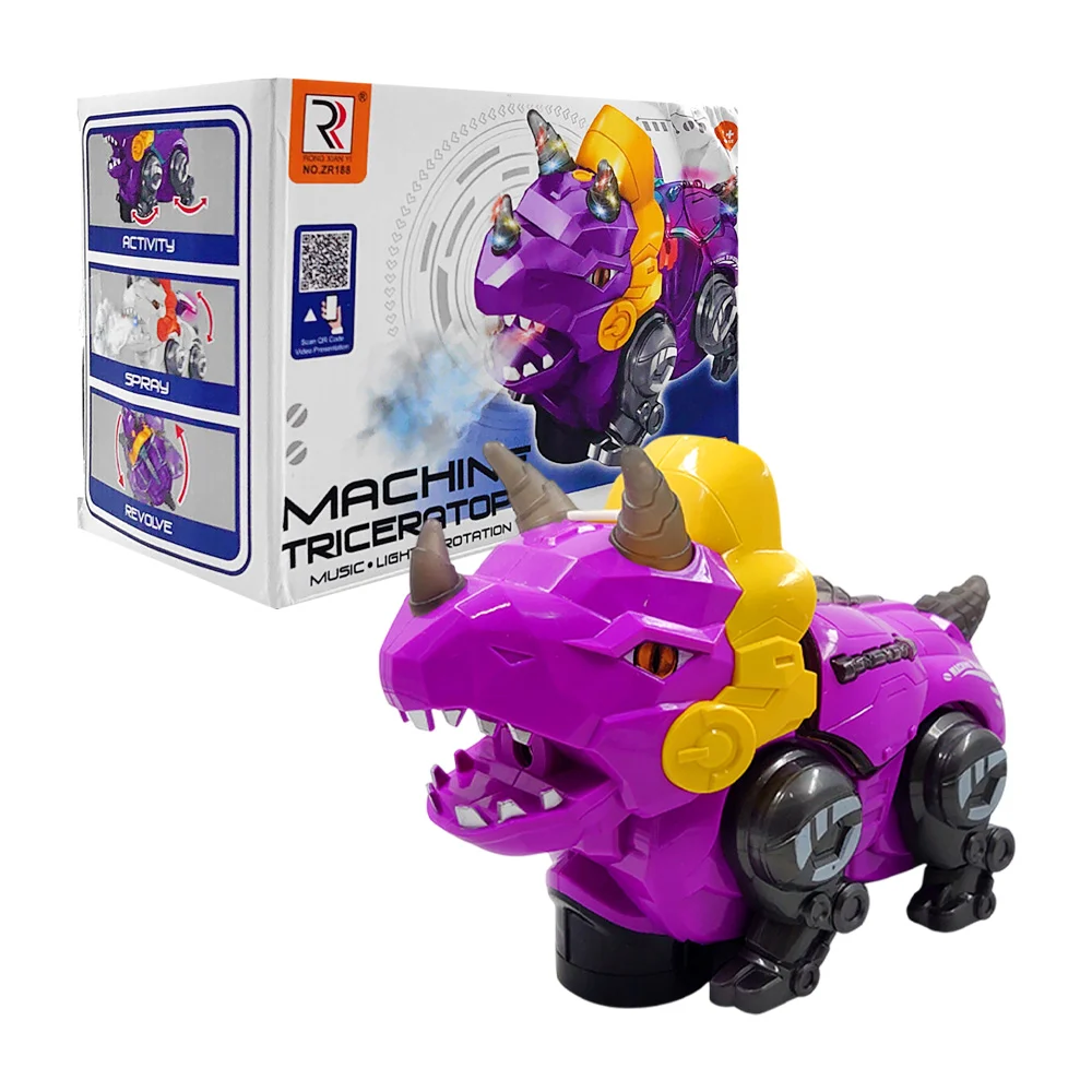 Dinosaurio robot triceratops móvil de juguete con luces, música, rotación de 360° y lanzador de spray, variedad de colores / machine triceratops / zr188