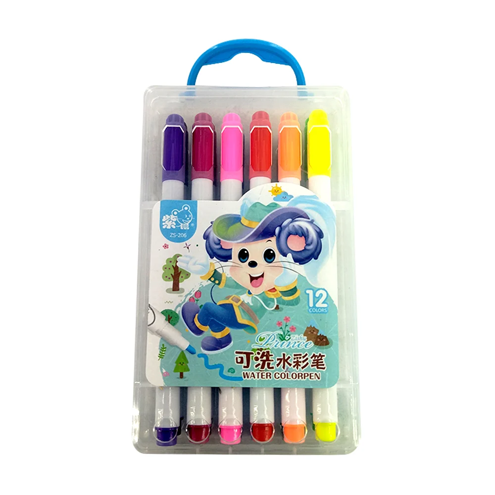 Estuche transparente con 12 plumones / marcadores de agua punta delgada zishu prince, variedad de colores / c-556-46