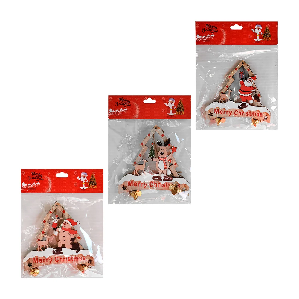 1pza Adorno colgante de madera con forma de árbol de navidad + mini campanas y personajes navideños / merry christmas / zsd-118