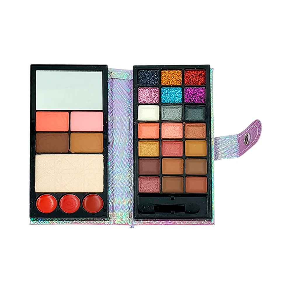 1pza Estuche estilo cartera tornasol con 21 sombras para ojos, 3 brillos labiales, 4 coloretes, polvo compacto y espejo pequeño, variedad de colores