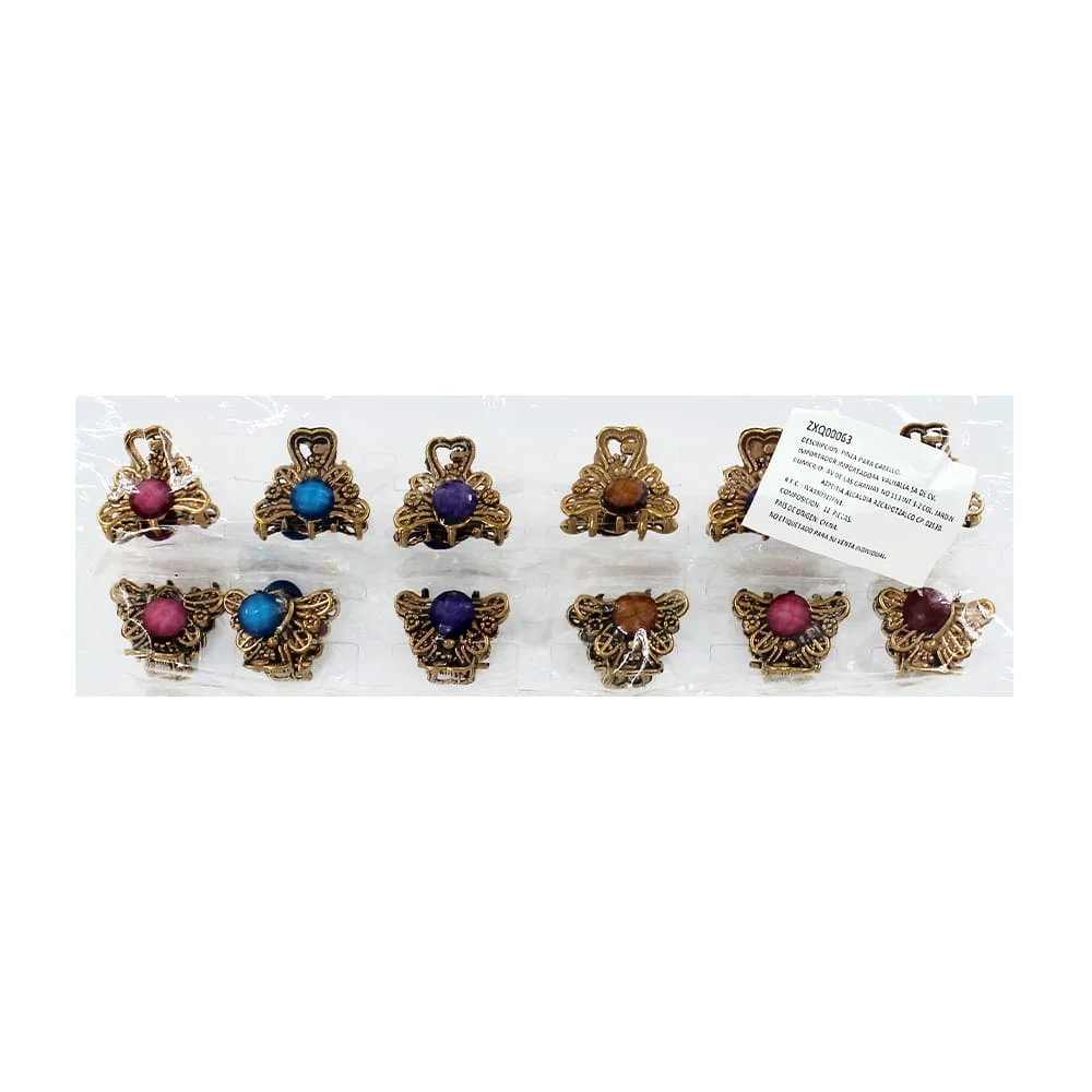 Paquete con 12 mini pinzas para decoración del cabello metálicos con piedras de colores, variedad de diseños / zxq00063