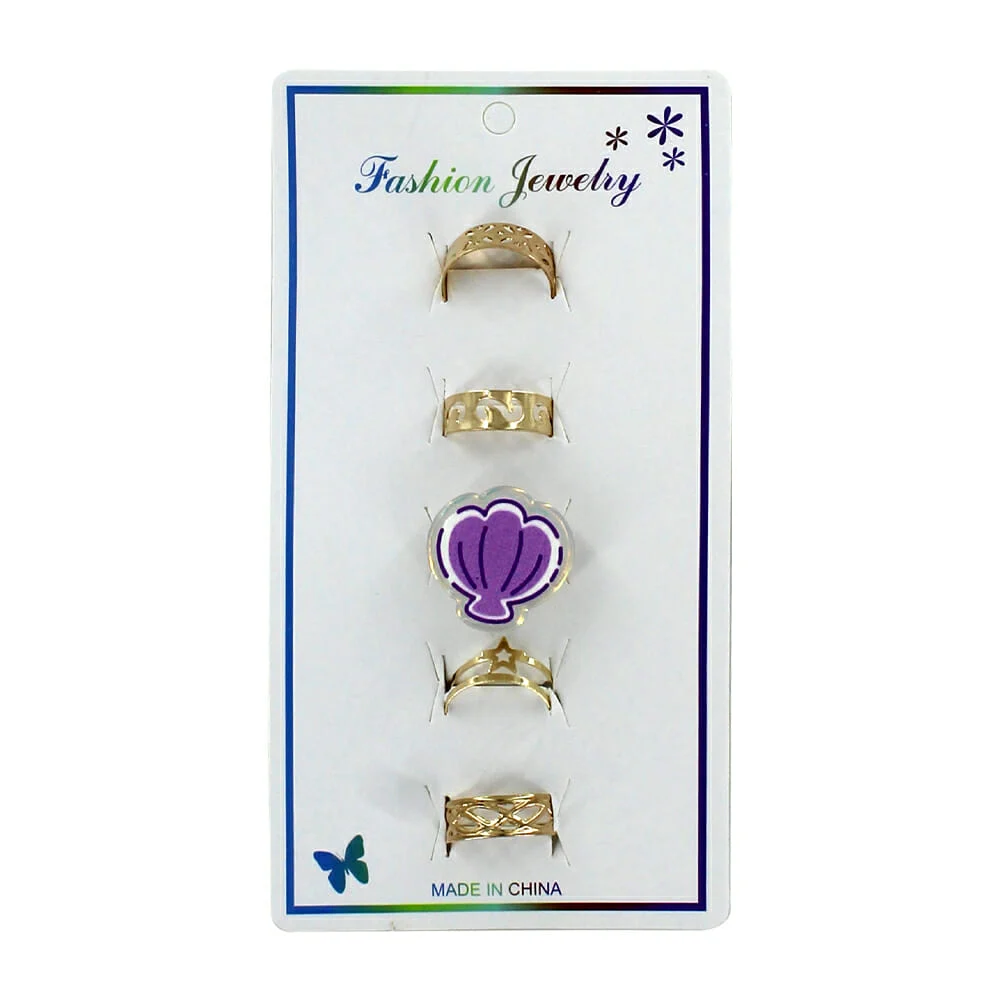 Paquete con 12 blíster con 5 anillos metálicos dorados ajustables + anillo con diseño, variedad de diseños / zxq00419