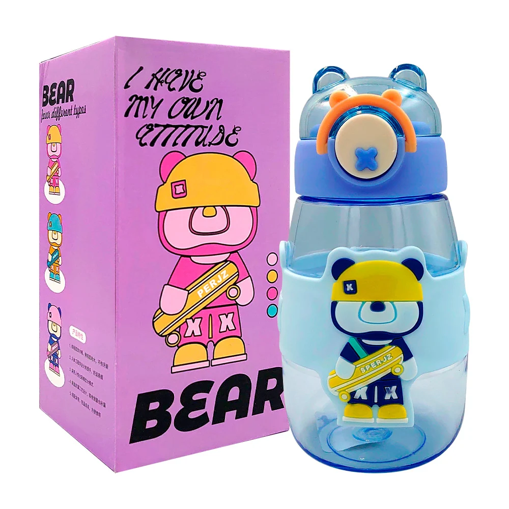 Botella cantimplora con tapa, popote stickers y forma de oso, 600ml, variedad de colores / mj-6017