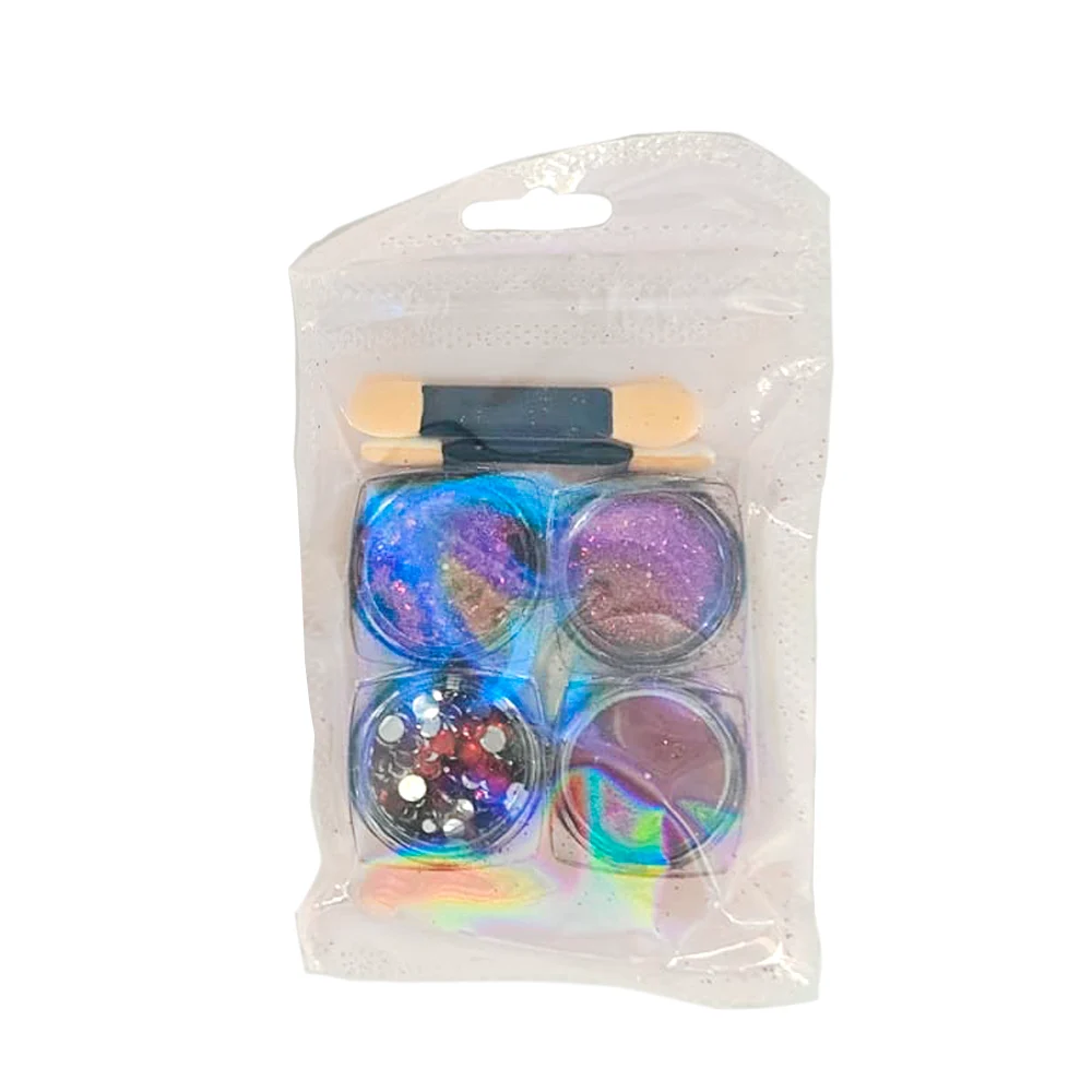 Paquete con 4 frascos de glitter y pedrería decorativa + 2 brochas aplicadoras para uñas, variedad de colores / zxq01779