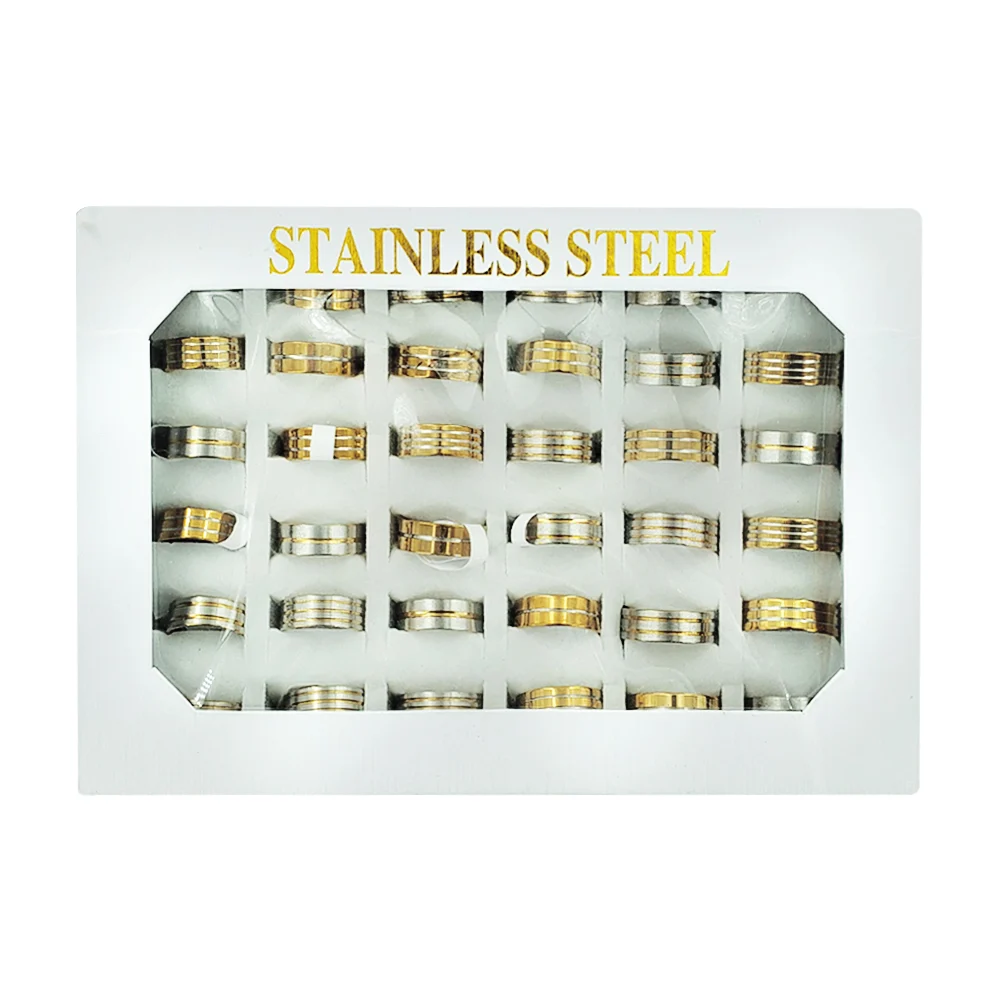 Paquete de 36 anillos de acero inoxidable con diseño de rayas, variedad de medidas / stainless steel / zxq01769
