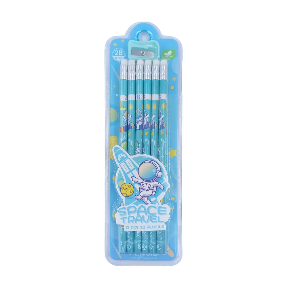 Blíster 12 lápices con diseño de astronauta con sacapuntas, variedad de colores / space travel / 032515