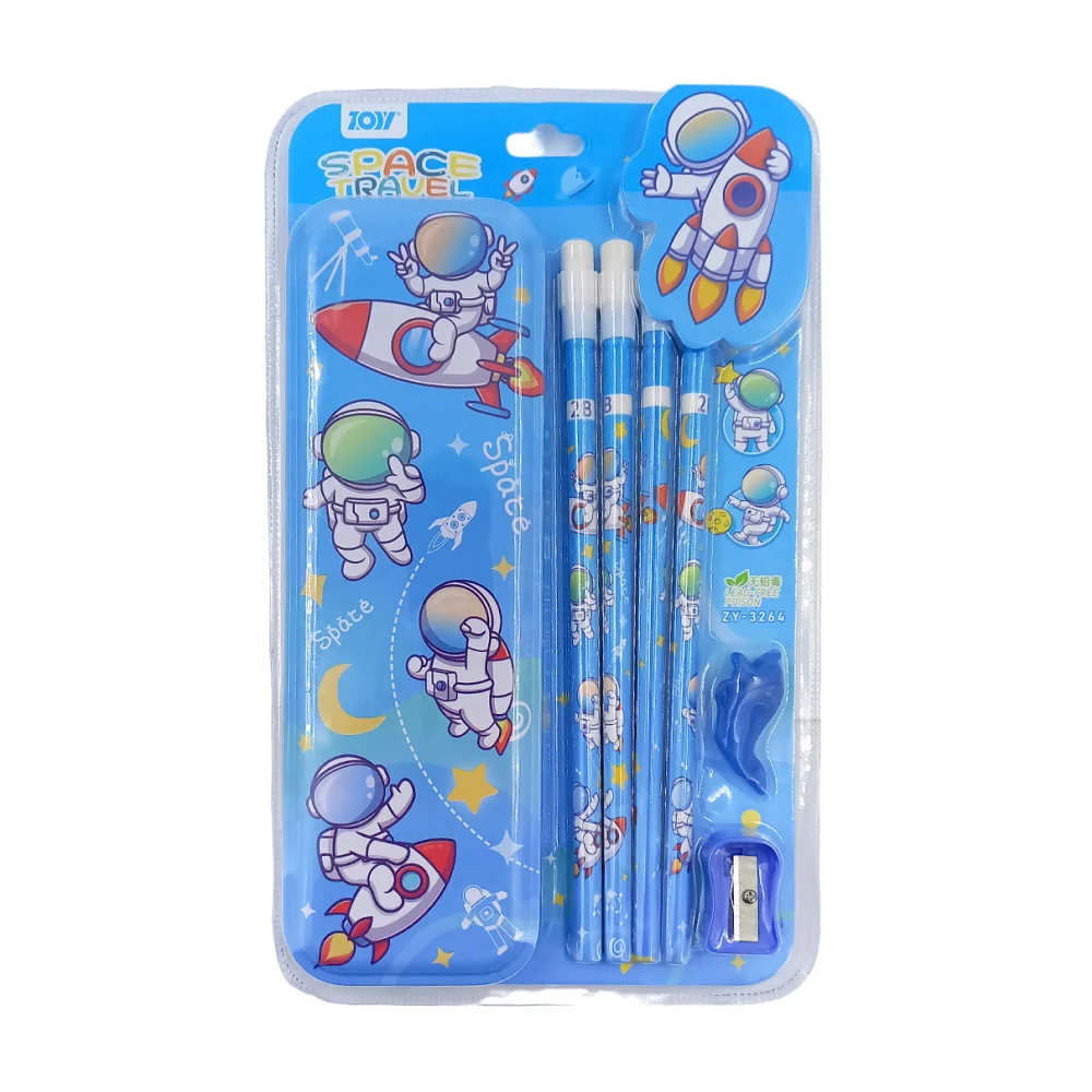 Kit papelería con lapicera metálica con 4 lápices, sacapuntas y agarre de silicon con diseño astronauta, variedad de colores / space travel / zy-3264