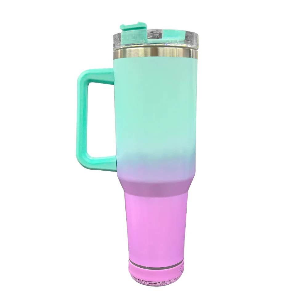 Vaso termo de acero inoxidable con asa, capacidad 1200ml + popote y bocina bluetooth integrada con luz rgb, variedad de colores / copo de cerveja musical / s-1616