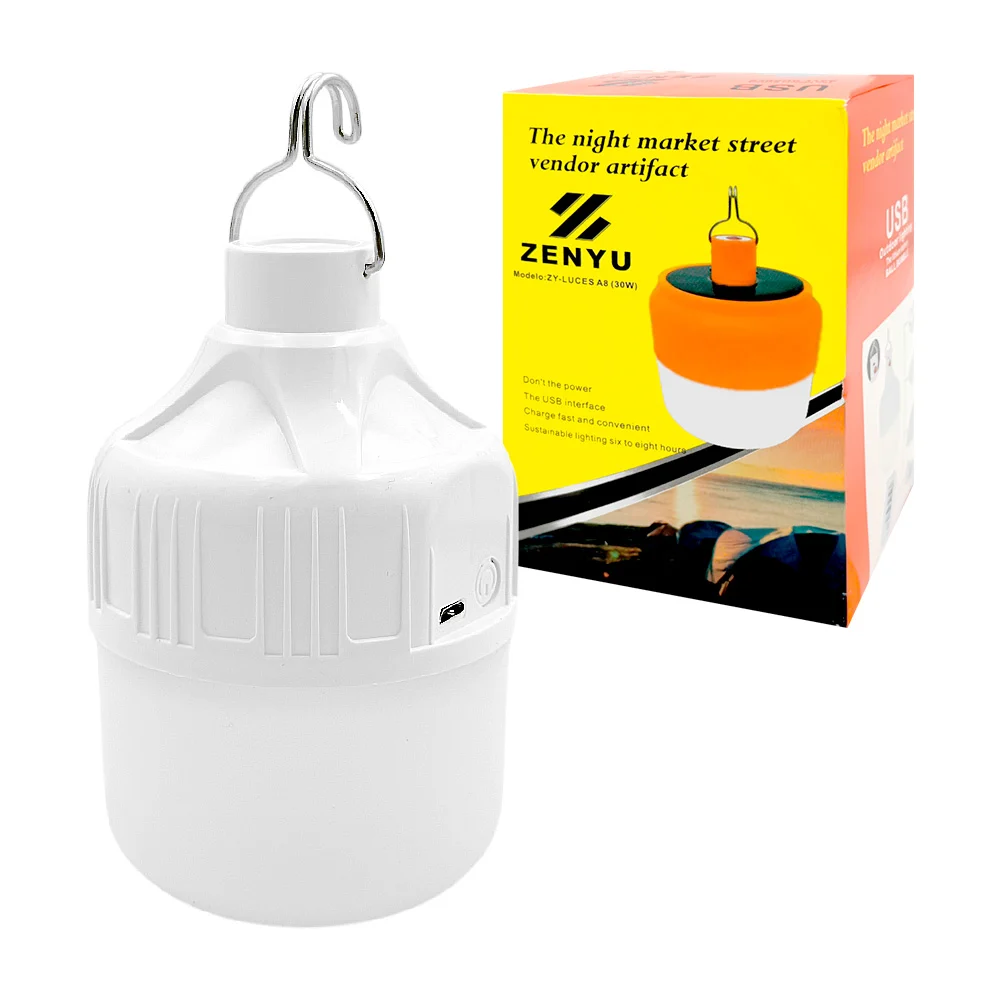 1pza Foco / bombilla led chica, recargable, con gancho metálico para colgar y 3 modos de iluminación, variedad de usos / zenyu / 30w