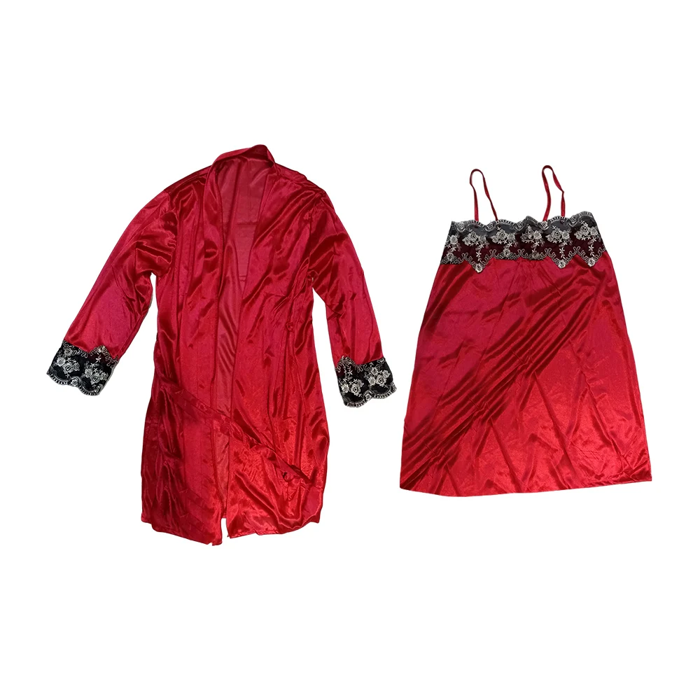 Set 2pzas camisón de tirantes, bata para dormir y listón de satín diseño con encaje brand promise, variedad de colores / zy-rtsy10512