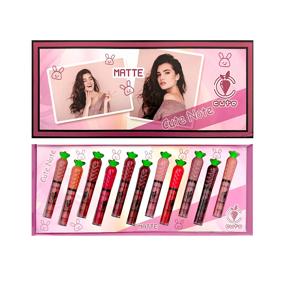 Caja con 11 labiales líquidos en efecto matte y tapa con diseño de planta, variedad de tonos / lip gloss hudd / cute note / a004 / a-004