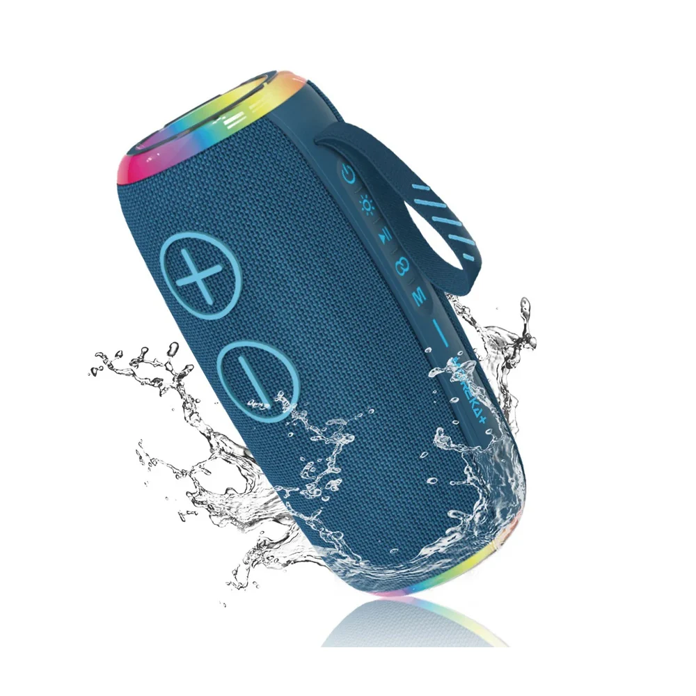 Bocina moreka, inalámbrica, recargable, con diseño bicolor cilíndrico, asa agarradera, botones frontales y laterales de reproducción, puertos de carga y/o conexión e iluminación rgb lateral / a20