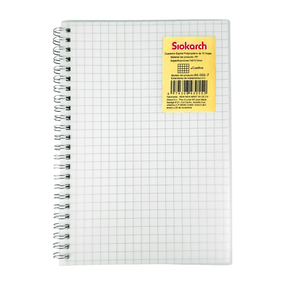 Cuaderno siokarch a5 con doble espiral metálico. pasta transparente 70 páginas de cuadrícula grande 145*210mm / a5-002-7