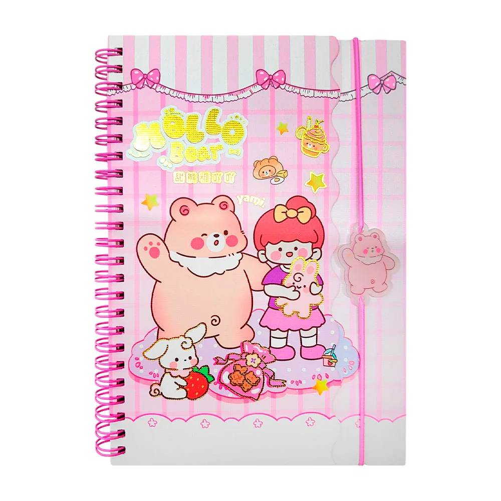 Cuaderno doble portada, broche elástico, niña y oso kawaii, variedad