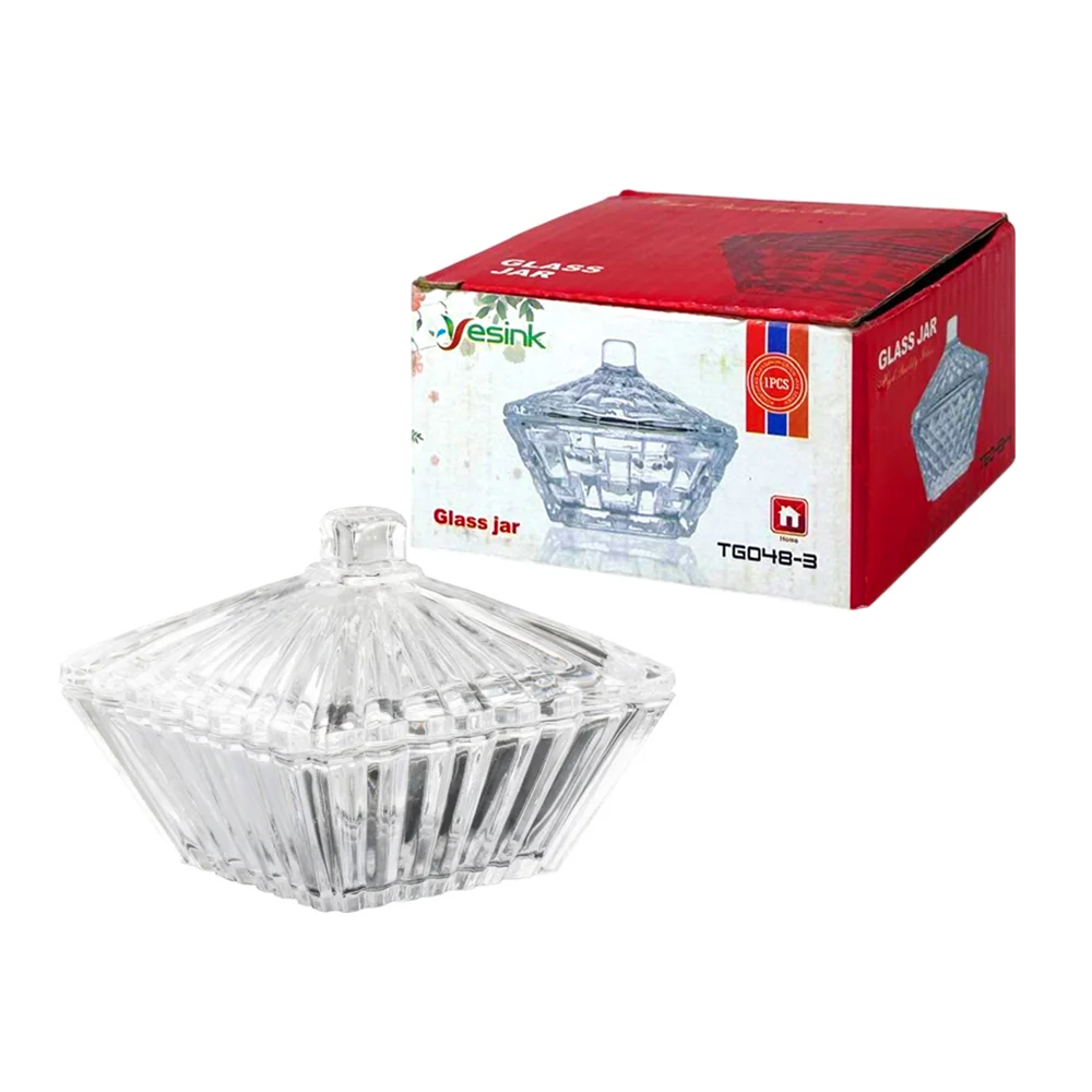 Recipiente de vidrio tipo azucarera con tapadera en forma cuadrada / glass jar / tg048-3