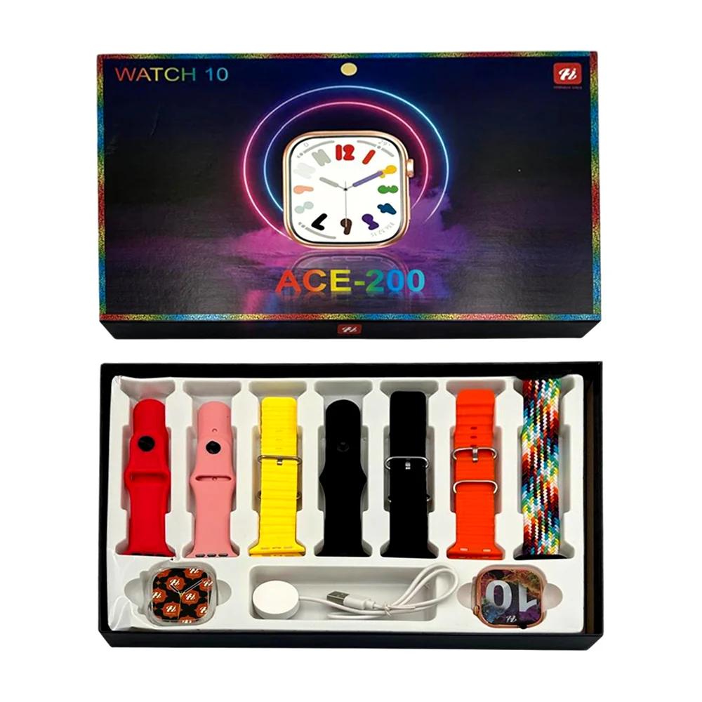 Smart watch 10 con 7 correas intercambiables, funda protectora y cargador magnetico / ace-200