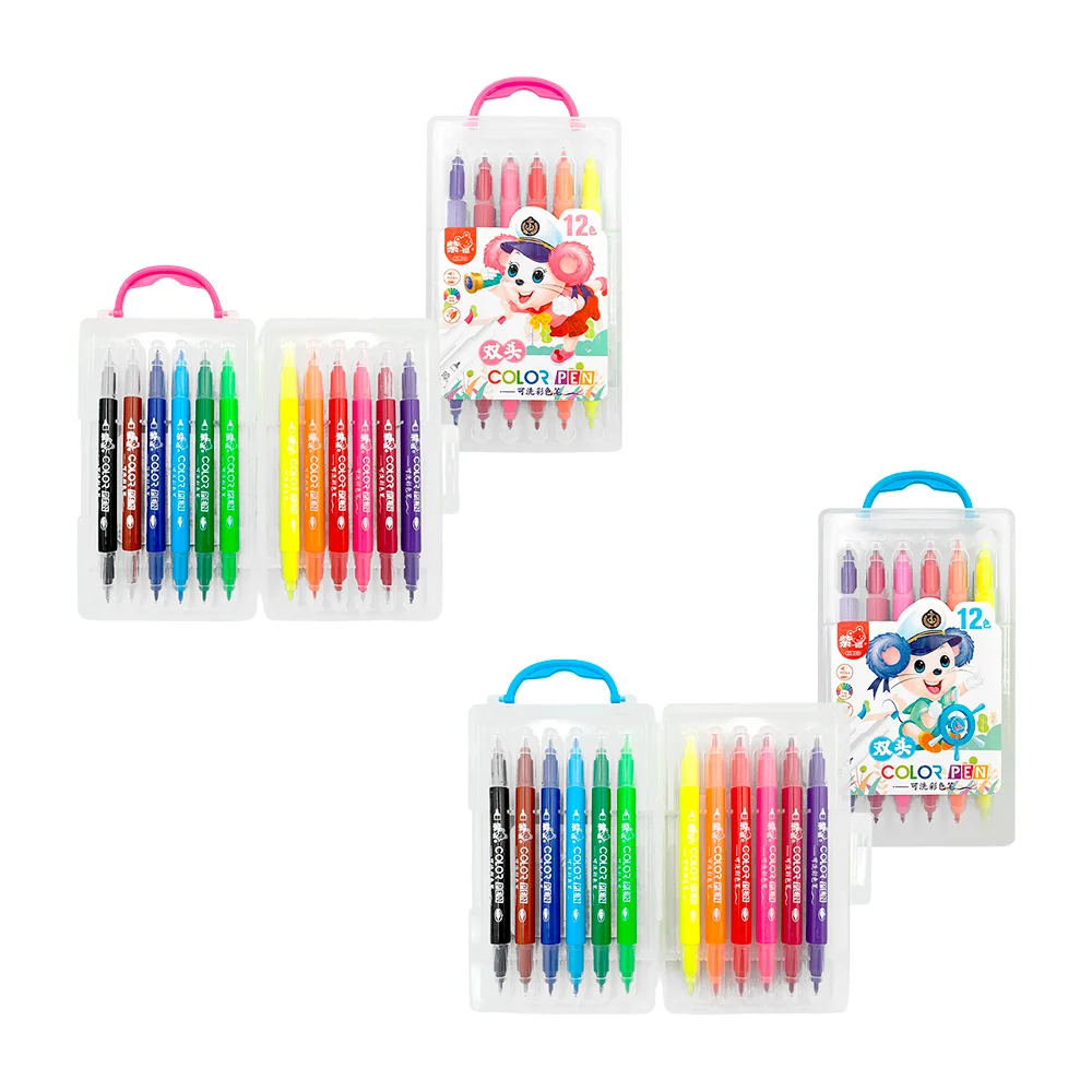 Estuche transparente con 12 plumones de doble punta de colores, variedad de diseños / ar393 / zs-249 / color pen