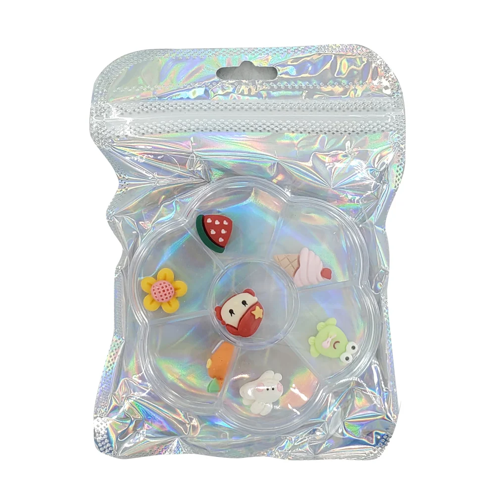 Estuche de acrílico transparente en forma de flor con 7 figuras animadas 3d para decoración de uñas / bolsa tornasol