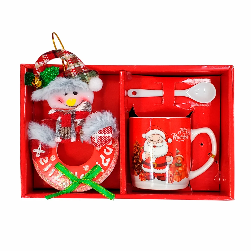 Kit taza pequeña de cerámica con diseño feliz navidad y cuchara + adorno decorativo navideño, variedad de modelos / at1902b