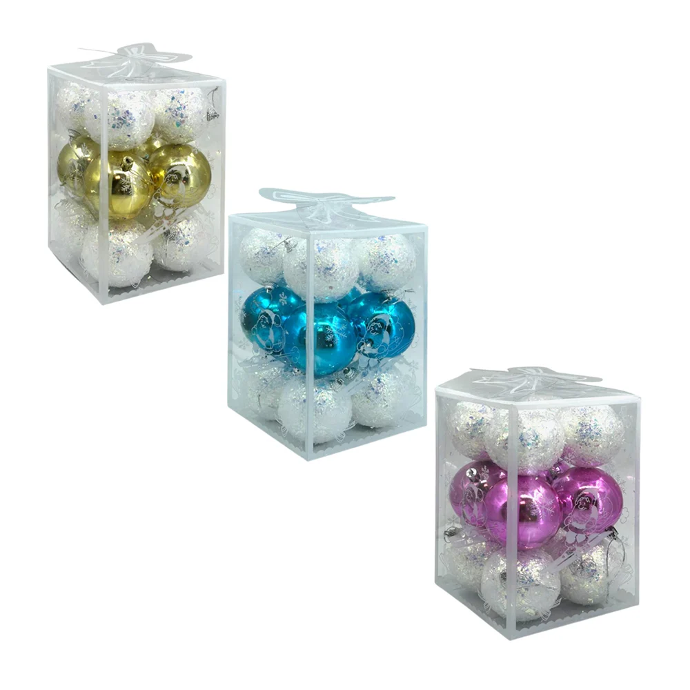 Caja transparente con 12 esferas navideñas de diamantina ala de ángel y metálicas, variedad de colores / ay-790