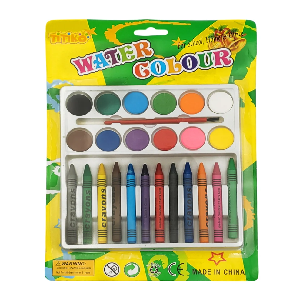 Kit de arte con 12 acuarelas y 12 crayones de colores + pincel / b-9008yh / water colour / titiko