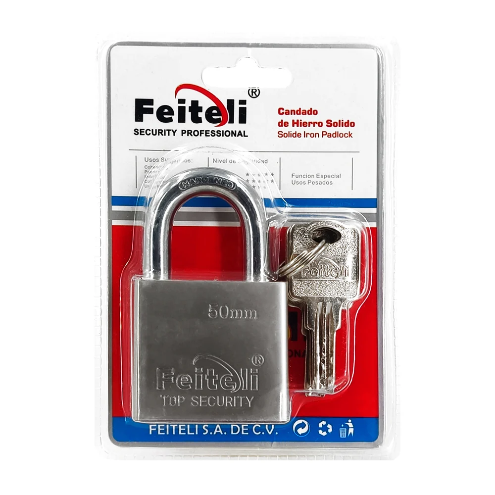 Candado de hierro sólido, 50mm  feiteli de gancho medio, uso rudo anti corrosión, resistente al corte, nivel de seguridad alto + juego de llaves / b250 / b2-50