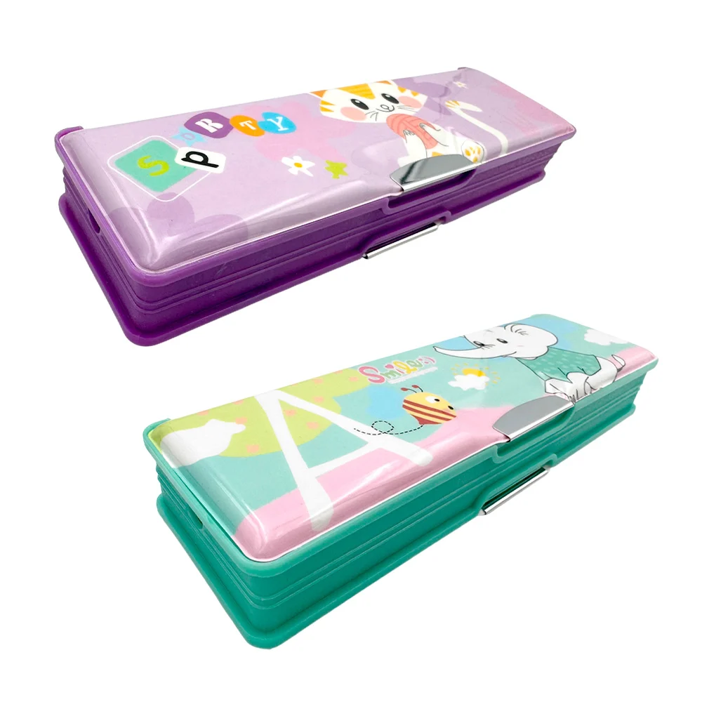 Lapicera rectangular con 2 compartimientos magnéticos, sacapuntas y estampado de personajes, variedad de diseños / b3166