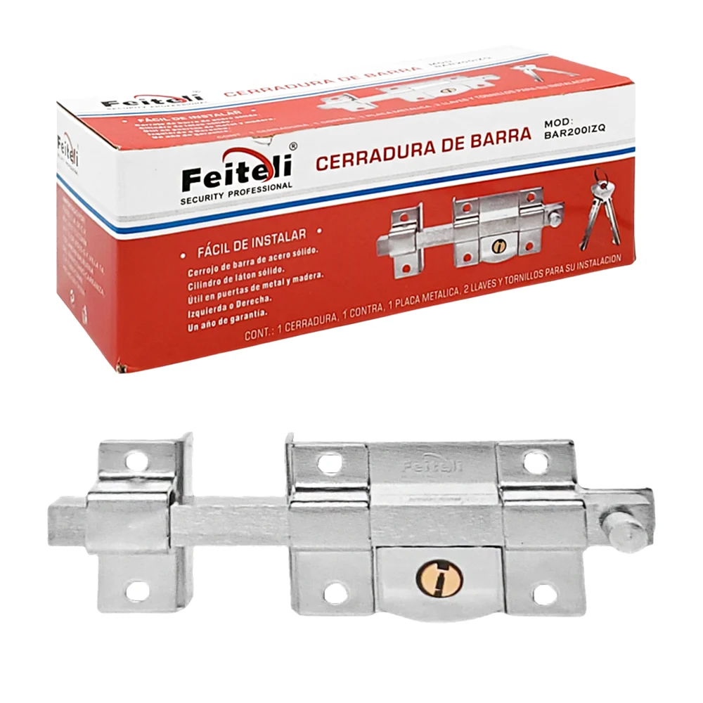 Cerradura de barra de acero sólido para puertas izquierdas, seguridad media + juego de llaves / bar200izq