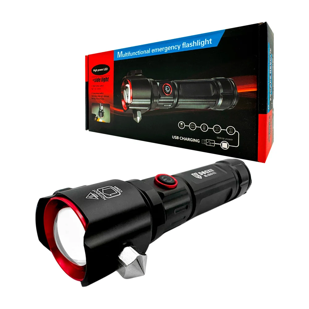 Linterna táctica metálica recargable con 3 modos de iluminación, apertura ajustable, cúter para cuerda y mini martillo, variedad de funciones / escape rescue