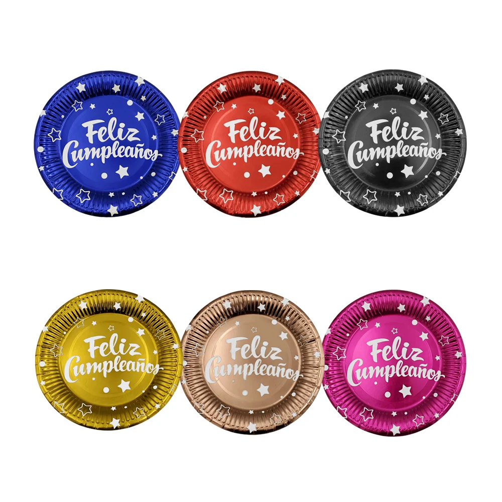 Paquete con 10 platos redondos de papel para pastel con estampado de puntos, estrellas y frase felíz cumpleaños, 18cm, variedad de colores / bo-511 / bo feliz